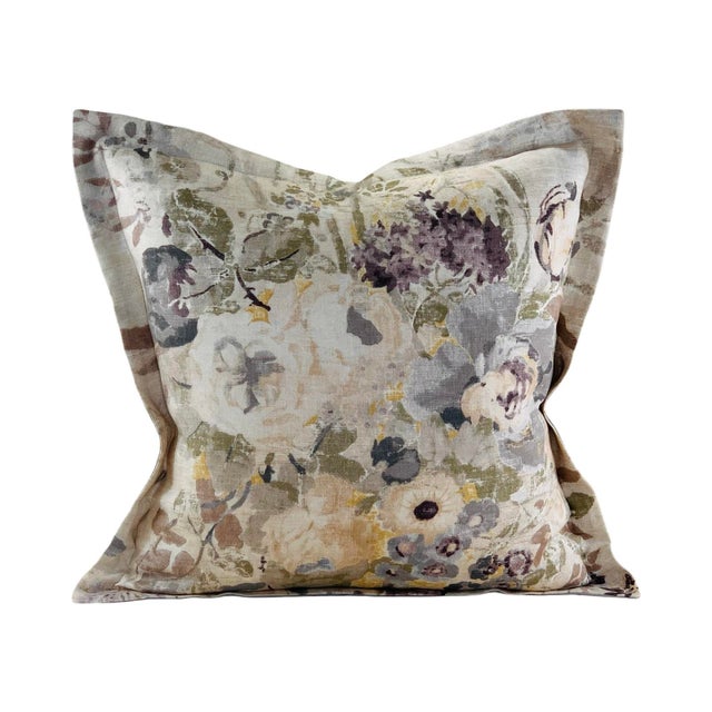 2020s Designer P Kaufmann Braemore Green Gray Lilac Purple "Lisette" Floral Bouquet Botanical Linen Pillow Covers- 23" Pair For Sale - Image 5 of 6