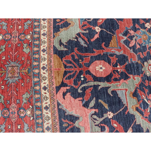 Tribal Large Persian Bidjar Rug With Navy Field and Red Border Floral Design For Sale - Image 3 of 16