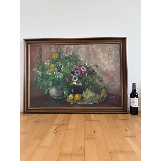Rustic European Large Vintage Original Floral Still Life Painting With Fruit For Sale - Image 3 of 18