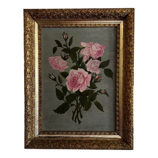 Antique Oil Painting of Pink Roses in Antique Ornate Gold Frame For Sale