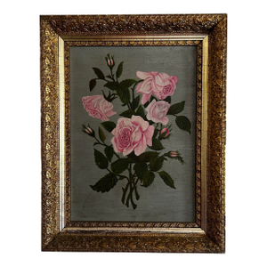 Antique Oil Painting of Pink Roses in Antique Ornate Gold Frame