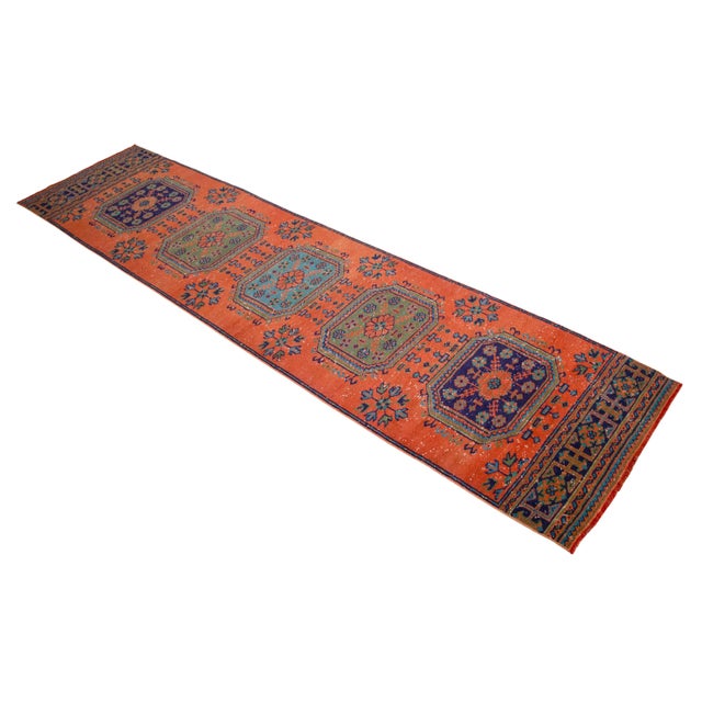 1970s Distressed Oushak Runner Rug Muddy Waters Color Hallway For Sale
