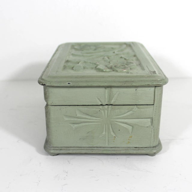 Vintage Folk Art Handmade Carved and Painted Wood Trinket Box Green For Sale - Image 4 of 12