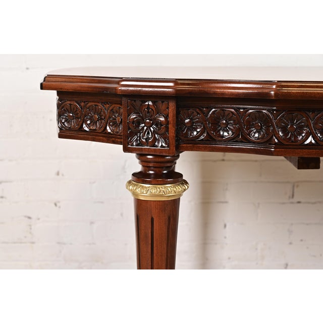 Henredon Style French Regency Louis XVI Carved Mahogany and Burl Wood Extension Dining Table, Newly Refinished For Sale - Image 10 of 14