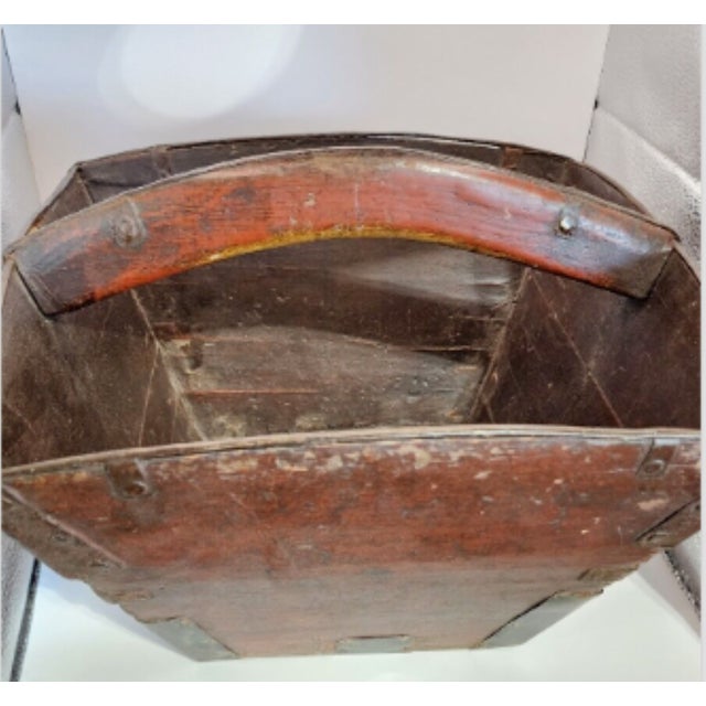 Antique 19th Century Chinese Fir Wood Rice Basket/Bucket, Iron Brackets For Sale - Image 11 of 12