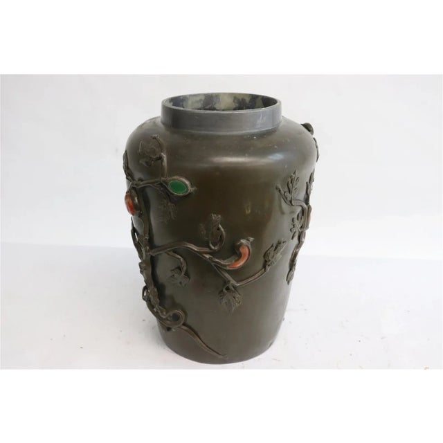 Vintage Pewter Jar with Semi Precious Stone Overlay with Chinese Maker's Mark.