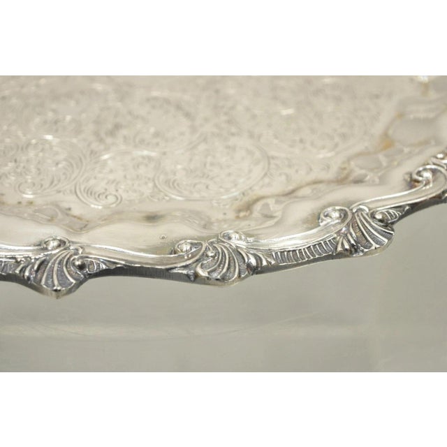 Mid 20th Century Mid 20th Century Victorian Ornate Silver Plated Twin Handle Scalloped Bar Serving Platter Tray For Sale - Image 5 of 9