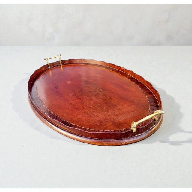 Wood Antique English Oval Satinwood Butler's Serving Tray in Mahogany with Brass Handles, 1900s For Sale - Image 7 of 15