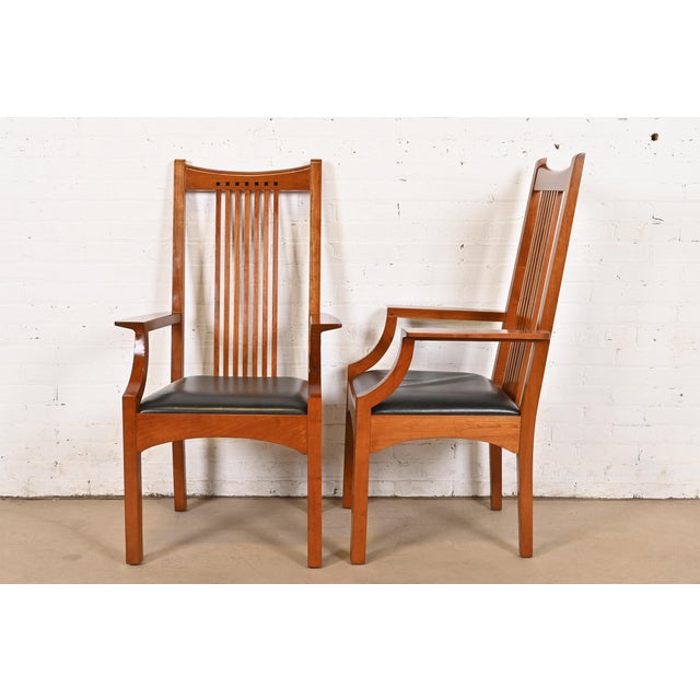 Stickley Mission Arts & Crafts Cherry Wood High Back Spindle Armchairs, Pair For Sale - Image 9 of 12