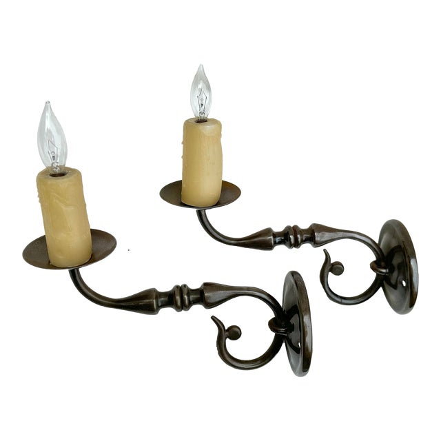 Pair of Large Antiqued Brass Wall Sconces, Paul Ferrante For Sale
