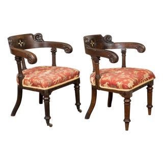 Pair of 19th Century English Regency Style Carved Oak Klismos Chairs with Horseshoe Backs For Sale