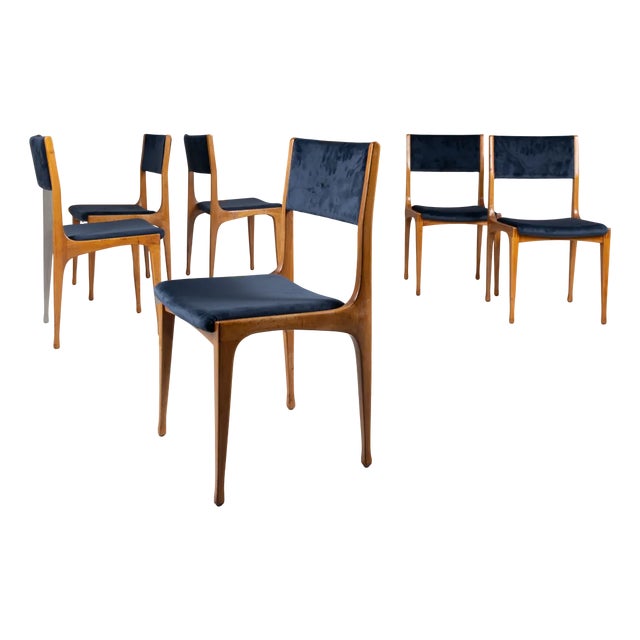 Model 693 Chairs in Wood and Blue Velvet by Carlo de Carli for Cassina, 1957, Set of 6 For Sale