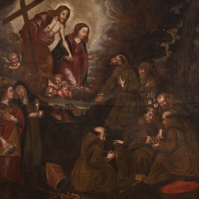 Antique Spanish painting from the 18th century. Artwork oil on canvas depicting a religious subject, Adoration of Saints...