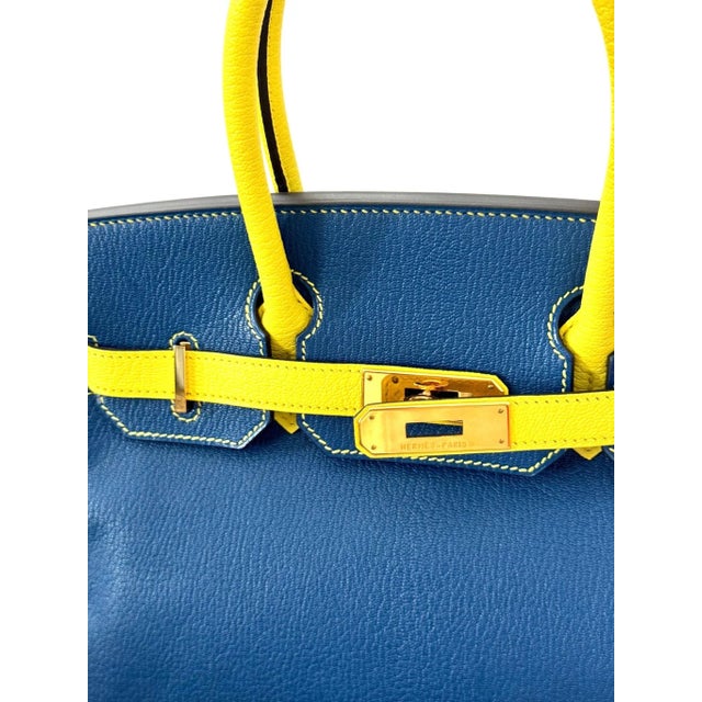 Animal Skin Hermes 30cm Birkin Hss Electric Blue Yellow Soufre and Etoupe Bicolor Mysore Leather For Sale - Image 7 of 9