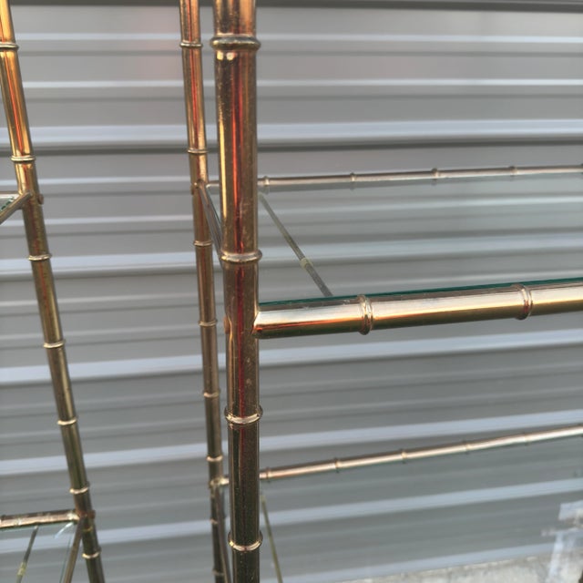 1970s Late 1970s Brass and Glass Faux Bamboo Shelf / Etagere- 2 Available For Sale - Image 5 of 11