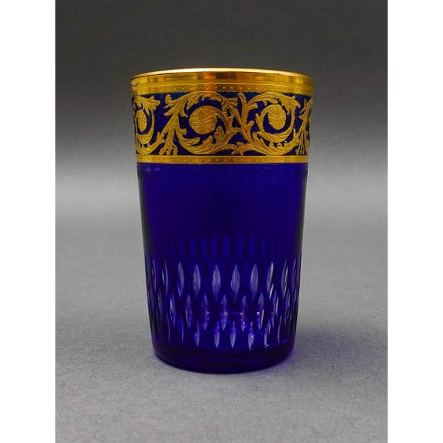 Mid-Century Modern Mid 20th Century Saint St Louis Crystal France Thistle Blue & Gold Encrusted Tea Tumbler Glass For Sale - Image 3 of 8