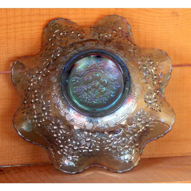 Fenton Art Glass Company 1970s Fenton Art Glass Iridescent Ice Blue Cherry Chain Bowl With Orange Tree Exterior For Sale - Image 4 of 11