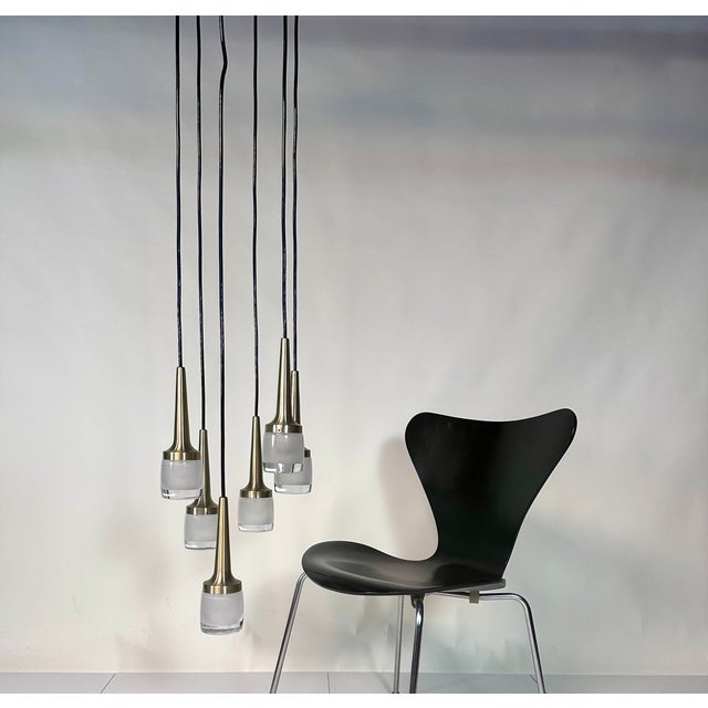 Large Cascade Hanging Lamp with Six Glass and Brass Lights from Staff Leuchten, 1960s For Sale - Image 9 of 18