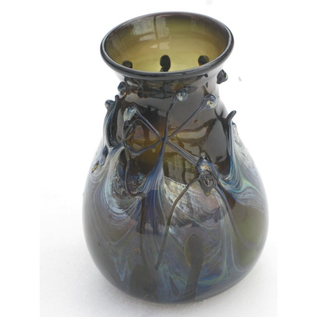 1940s Art Glass Vase Blue Hand Made & Mouth Blown Art Nouveau Style For Sale - Image 10 of 16