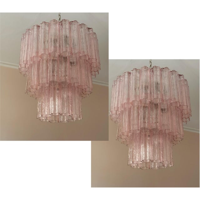Large Pink Colorful Murano Chandeliers with Tubular Prisms Tronchi, Set of 2 For Sale - Image 16 of 16
