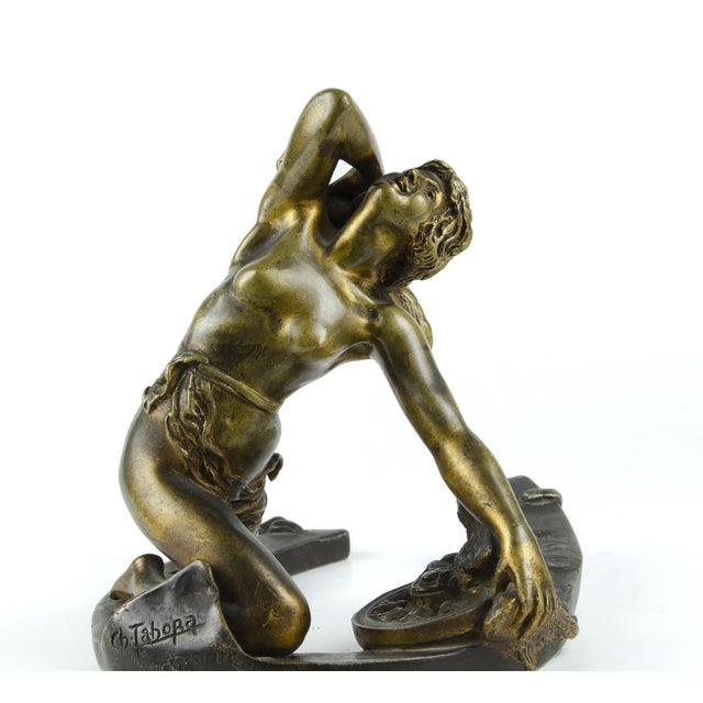 Early 20th Century Art Nouveau Bronze Sculpture of a Nude Mythological Young Woman on a Horseshoe 'Fortuna' by Charles Tabora, France For Sale - Image 4 of 9