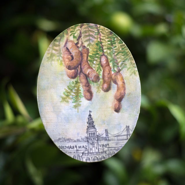 This mixed media piece features an oval composition that seamlessly blends elements of nature with urban life, showcasing...