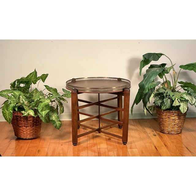 Vintage Wood Folding Tray Table Removable Serving Tray Brass Gallery For Sale - Image 10 of 12