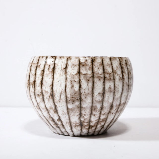 Mid-Century Modern Mid-Century Modernist White & Earth Toned Ceramic Bowl With Vertical Banding For Sale - Image 3 of 11