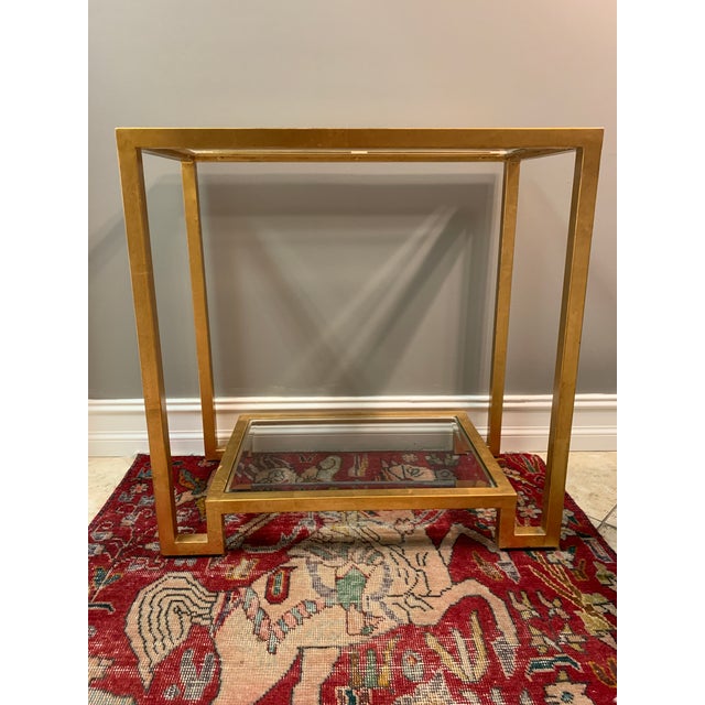 Late 20th Century Vintage Gold Leaf Double Shelf Glass Console Table For Sale - Image 10 of 12