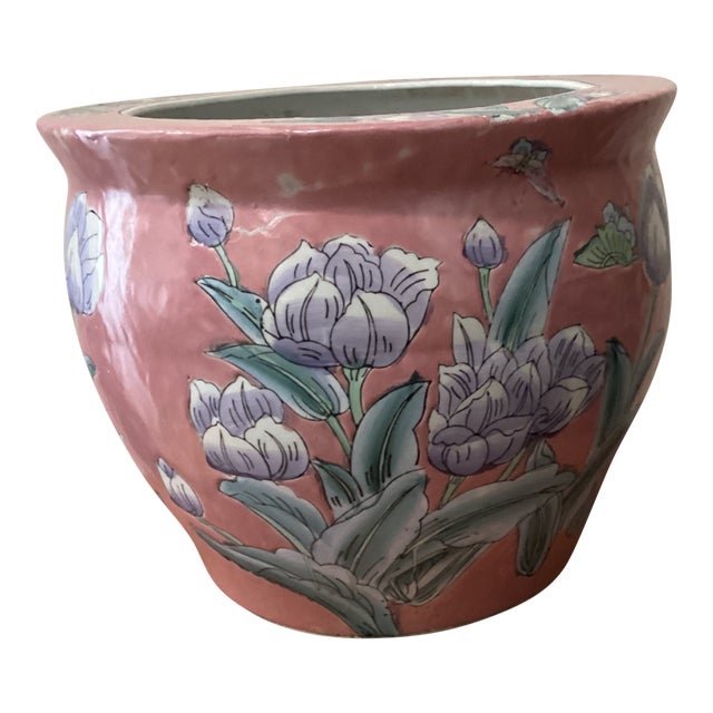 Vintage Large Chinoiserie Large Porcelain Koi Fish Bowl Planter Floral Motif For Sale