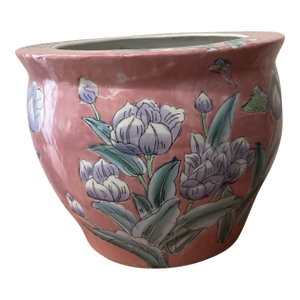 Vintage Large Chinoiserie Large Porcelain Koi Fish Bowl Planter Floral Motif