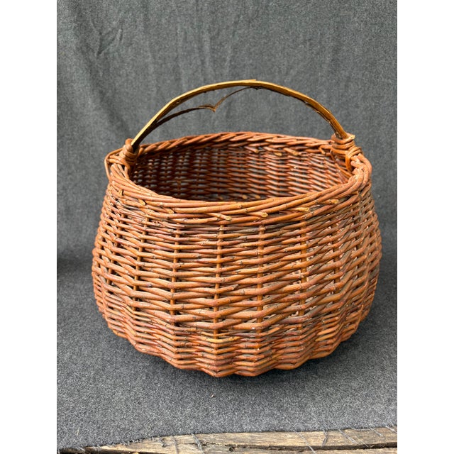 Large Antique Hand Woven Willow Gathering Basket Branch Handle For Sale - Image 10 of 17