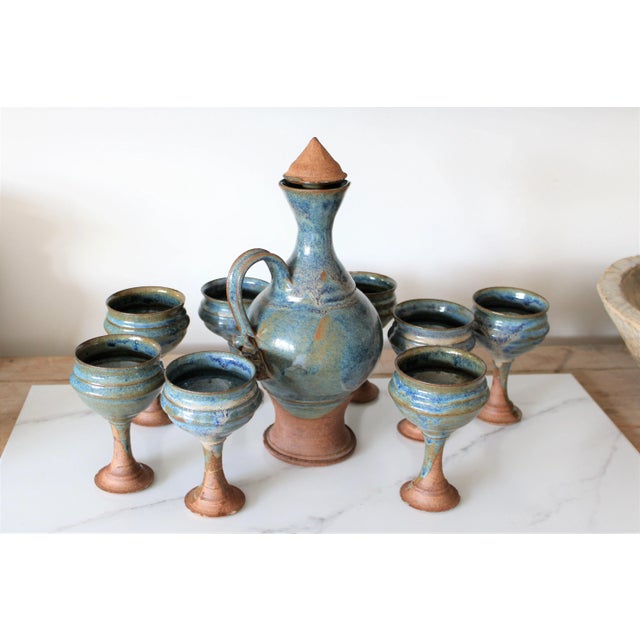 Ceramic MCM Art Pottery Sangria Carafe Pitcher and Goblets- Set of 8 For Sale - Image 7 of 7