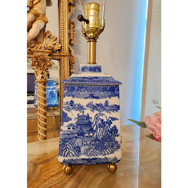 Blue Vintage Chinoiserie Blue & White Porcelain Pagoda Tea Jar Table Lamp For Sale - Image 8 of 12