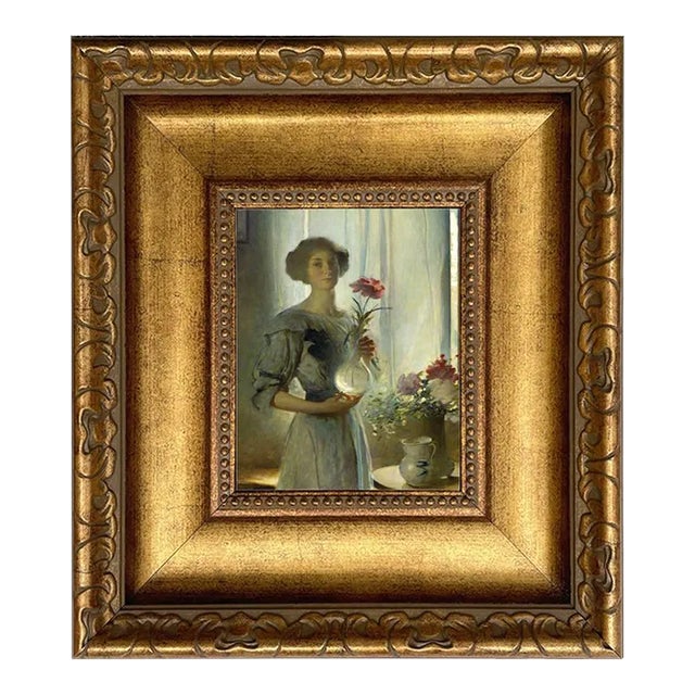 June, Woman With Flowers, 5" X 6" Print on Canvas in Wide Antiqued Gold Frame For Sale