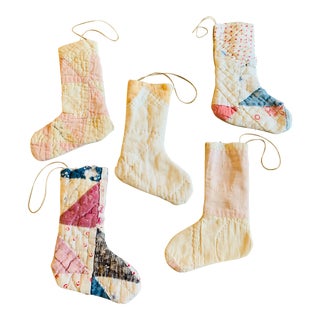Vintage Textile Handmade Stocking Ornaments - Set of 5 For Sale