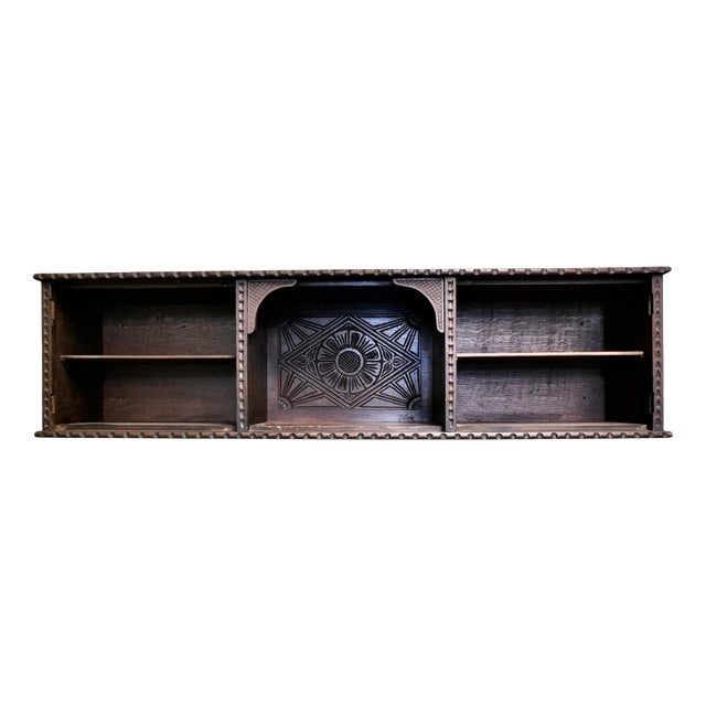 Long Gothic Carved Oak Wall Shelf with Storage For Sale