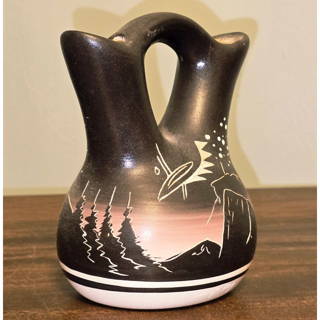 Native American Hozoni Pottery 1987 Hand‑Painted Native American Wedding Vase — Etched Night Sky & Cosmic Motif For Sale - Image 3 of 10