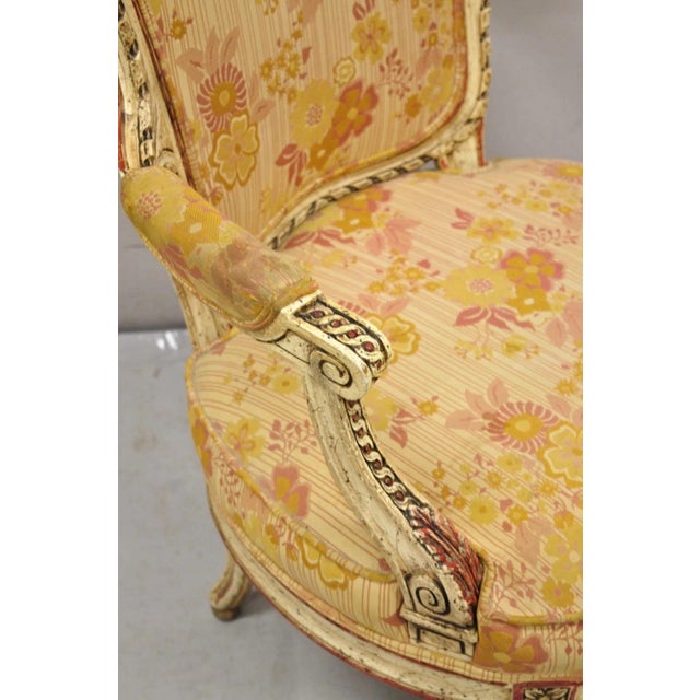 French Vintage French Louis XV Style Cream and Red Painted Low Boudoir Fauteuil Chair For Sale - Image 3 of 12