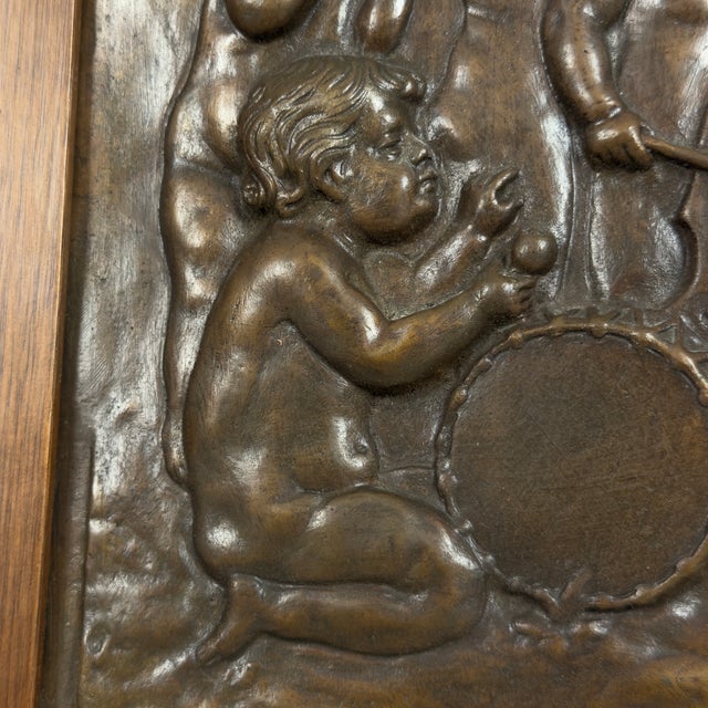 High Relief Bronze Panel with Cherub Musicians in Wooden Frame, 20th Century For Sale - Image 9 of 11