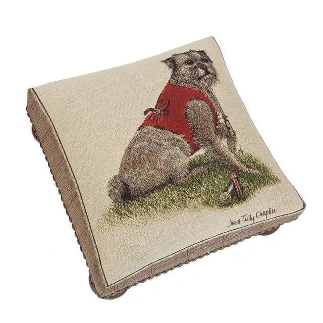 Tapestry Footstools with bun-feet and traditional-style studding.