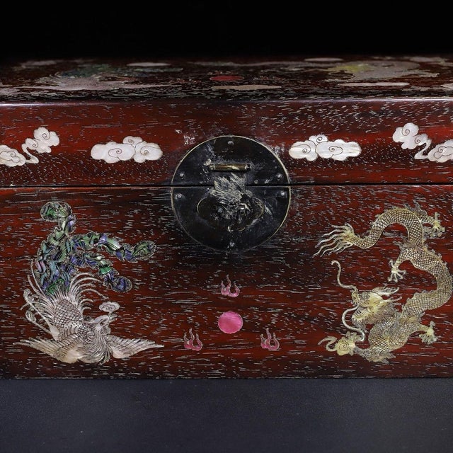 Wood Zitan Wood Box Inlaid With Mother-of-Pearl Dragon & Phoenix For Sale - Image 7 of 10