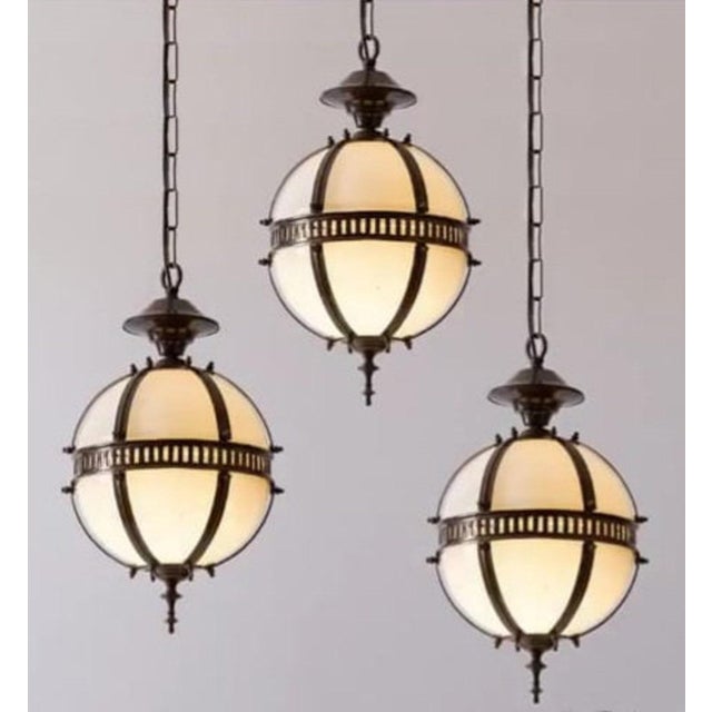Art Deco 3pc Set Vintage Art Deco Old Fixture Ceiling Brass Hanging Pendant Light Milk Glass Shade Lamp For Sale - Image 3 of 5