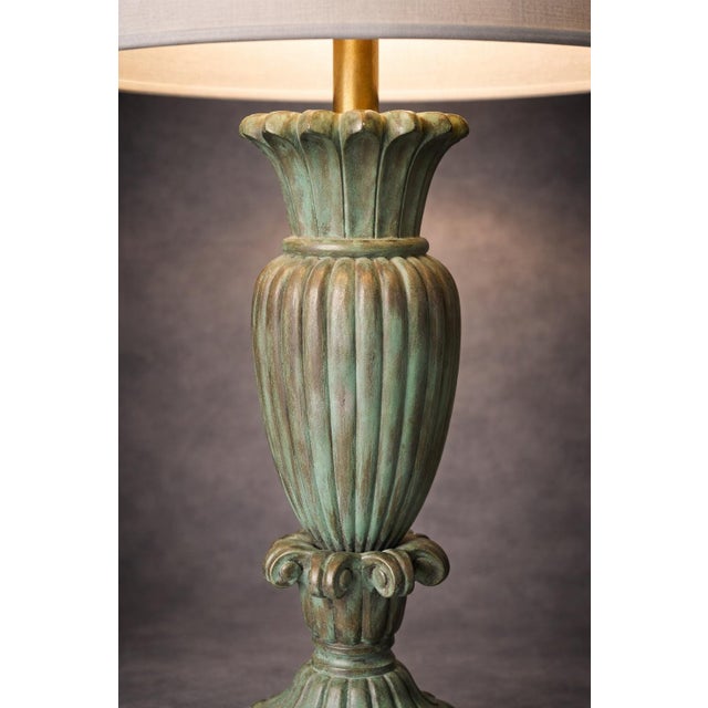 Verdigris Patinated Urn Form Table Lamp With 16” Linen Drum Shade For Sale In Los Angeles - Image 6 of 8