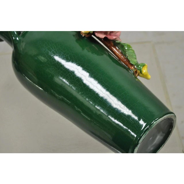 Vintage Victorian Green Porcelain Ceramic 18" Vase W/ Pink & Yellow Flowers For Sale - Image 9 of 12