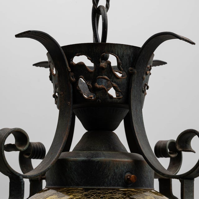 Black 20th Century Brutalist Dutch Hammered Iron Pendant Lamp For Sale - Image 8 of 18