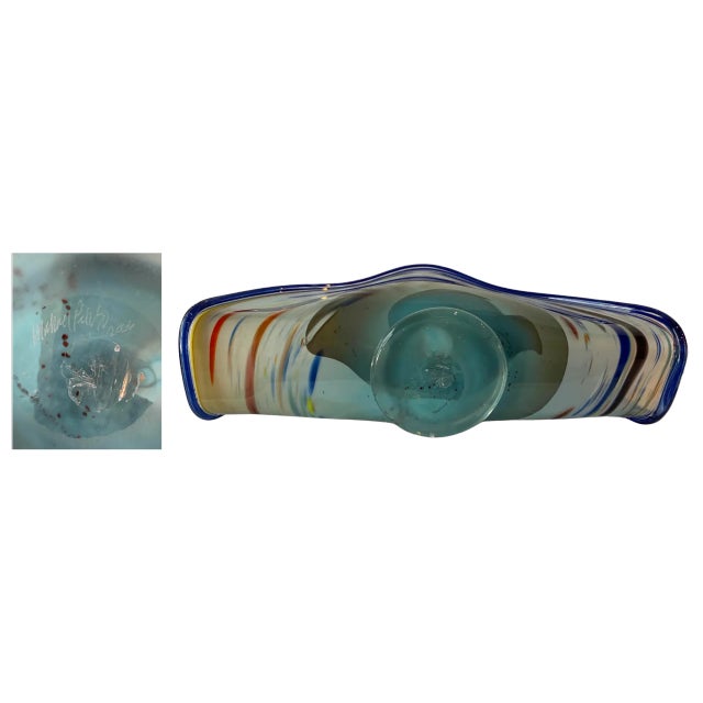 Art Glass Signed Michael Peluso Blue Swirl Clam Shaped Vase For Sale - Image 14 of 14