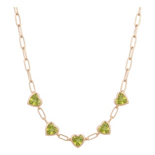 Natural Green Peridot Heart Gemstone Necklace | Paperclip Link Station Necklace | August Birthstone Gift For Sale