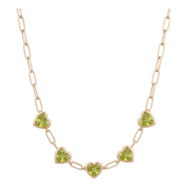 Natural Green Peridot Heart Gemstone Necklace | Paperclip Link Station Necklace | August Birthstone Gift For Sale