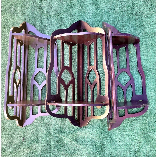 Vintage Dark Fretwork Wood Corner Display Shelves Set of 3 For Sale - Image 9 of 11